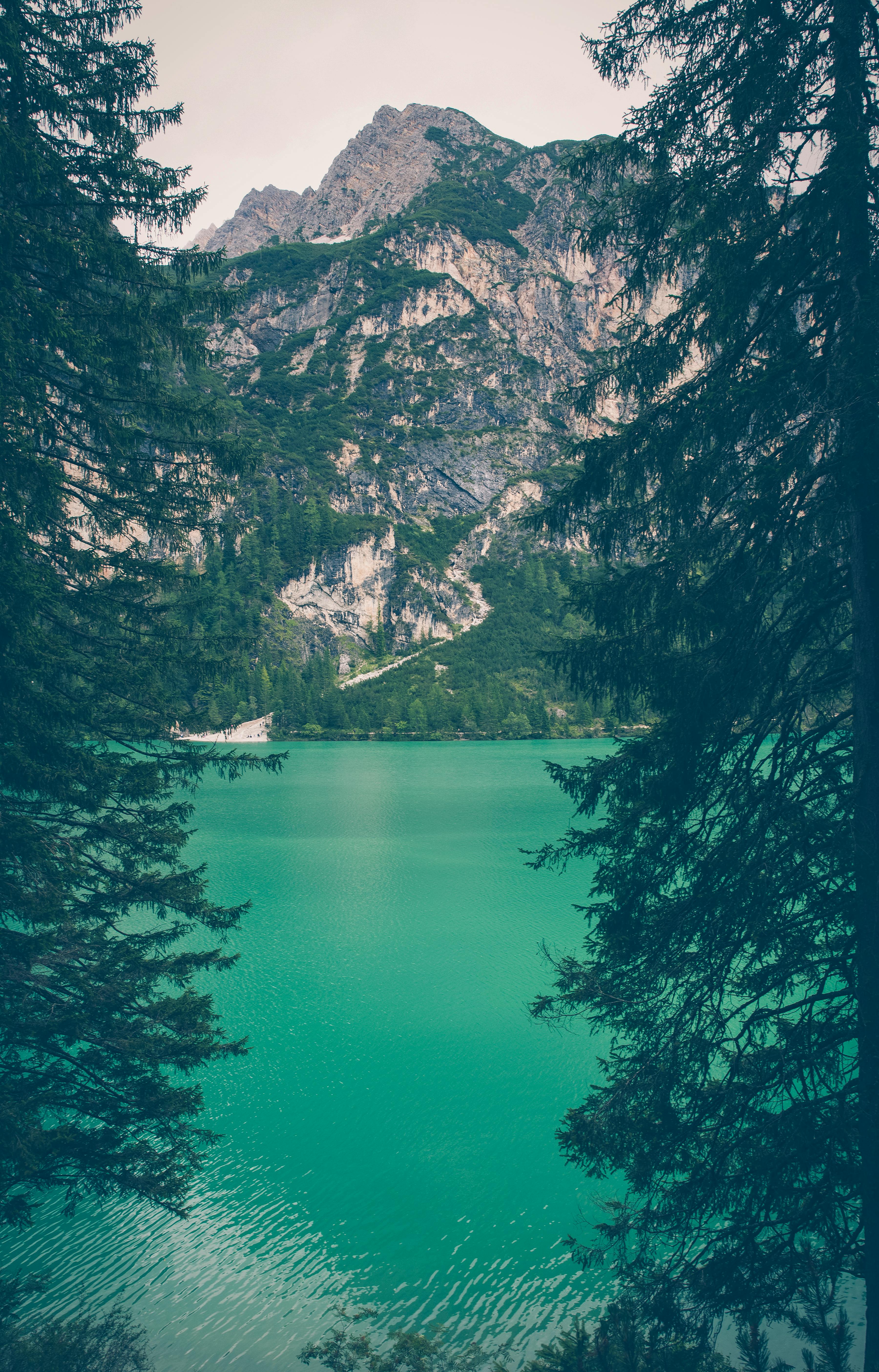 Serene mountain lake with turquoise water surrounded by evergreen trees and rocky cliffs